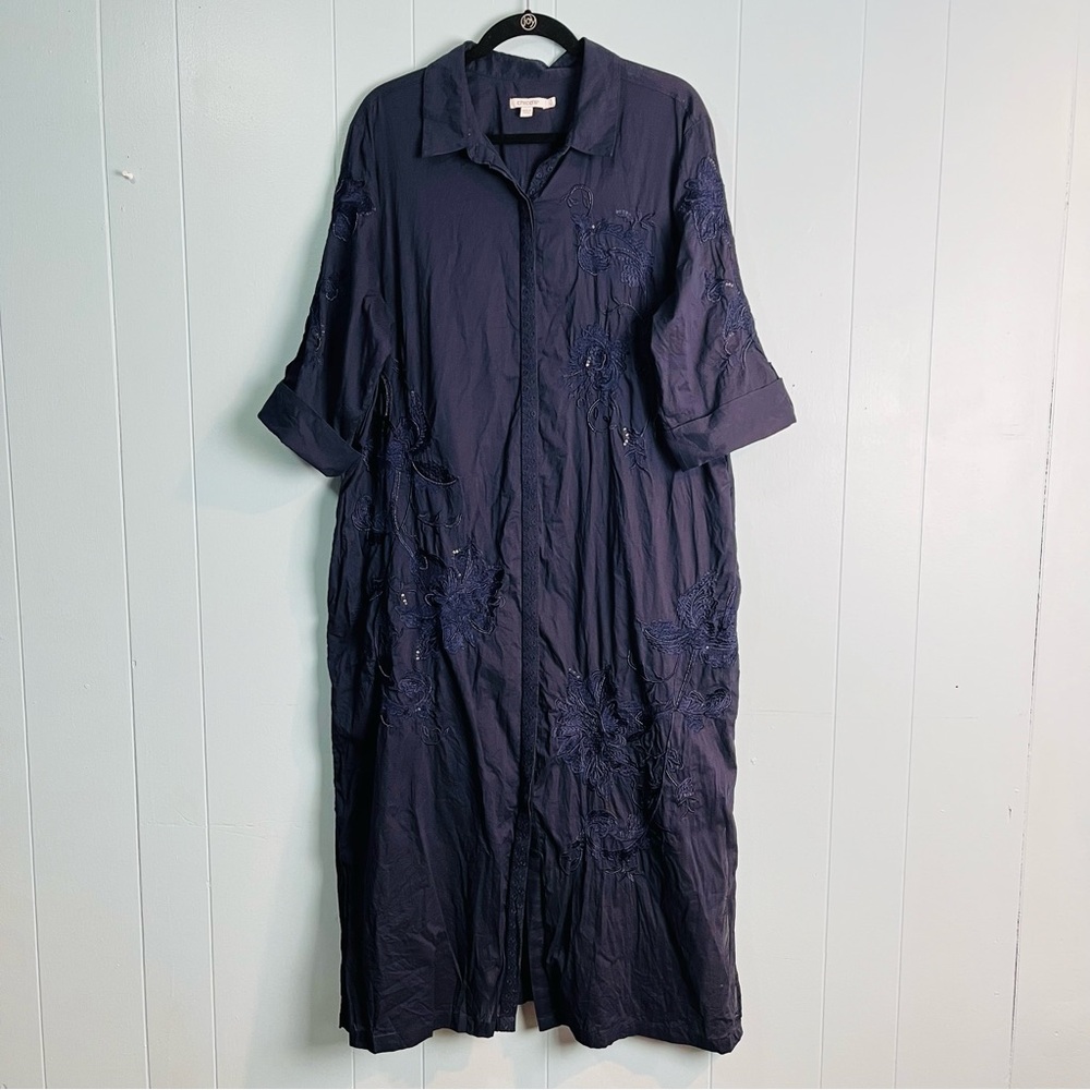 Chico's Sz 16 Navy Blue Cotton Embroidered Maxi Shirt Dress Resortwear Unlined
